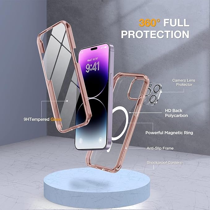 Miracase Magnetic for iPhone 14 Pro Case 6.1 inch, (Compatible with MagSafe) Upgrade Full-Body Clear Phone Bumper Case with Built-in 9H Tempered Glass Screen Protector, Magnetic Clear Pink