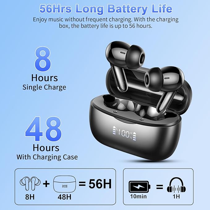 Wireless Earbuds,2025 Bluetooth 5.3 Headphones In Ear with 4 HD microphone, 56H Playtime, HIFI Stereo In Ear Earphones, IPX7 Waterproof Bluetooth Earbuds, LED Display, USB-C, Sport/Work/Leisure/Black