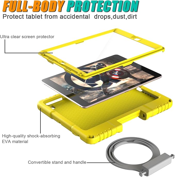 Kids Case for iPad 5th/6th Generation 9.7-inch 2017/2018 Release, Lainergie iPad Air 2 Case with Screen Protector, iPad Pro 9.7 Protective Cover Case Lightweight Shockproof with Handle Stand,Yellow