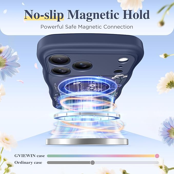 GVIEWIN for iPhone 17 Pro Case Compatible with MagSafe [Curly Wave Edge][Full Camera Protection] Floral Translucent Shockproof Magnetic Women Phone Case for iPhone 17 Pro 6.3'', Floratopia/Blue