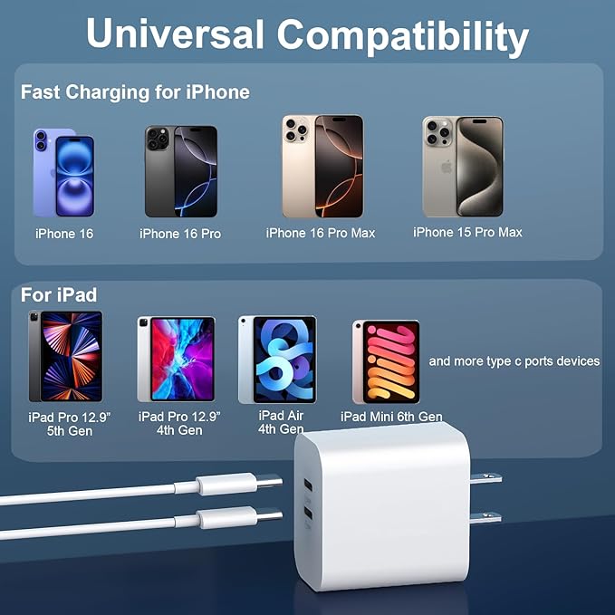 20W Dual Port Type C Fast Wall Charger Power Adapter, USB C Charging Block with 3FT USB-C to C Cable for Phone 17/16/15/15 Plus/15 Pro/15 Pro Max, Pad Pro/Air, Android Phone