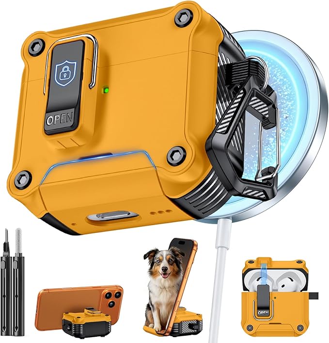 Inesore Compatible with AirPods 4 Generation Case,Secure Lock & Phone Stand Design,Compatible with MagSafe,Automatic Snap Switch Secure Cover for New AirPods 4th (2024)-Yellow