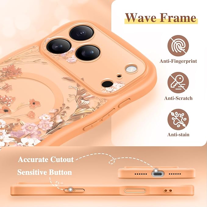 GVIEWIN for iPhone 17 Pro Max Case Compatible with MagSafe [Curly Wave Edge][Full Camera Protection] Floral Translucent Shockproof Magnetic Women Phone Case for 17 Pro Max, Campanula/Orange