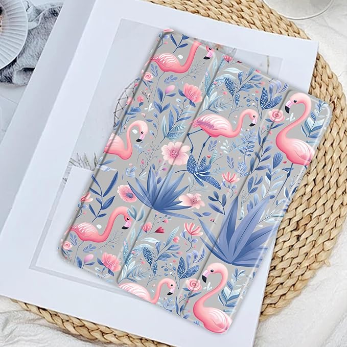 JOYLAND Elegant Flamingo Case for iPad Pro 11-inch (M4) 2024 5th Generation,Clear Acrylic Hard Back Grey Case with Pencil Holder Trifold Stand Tablet Cover (Model Number:A2836/A2837/A3006)