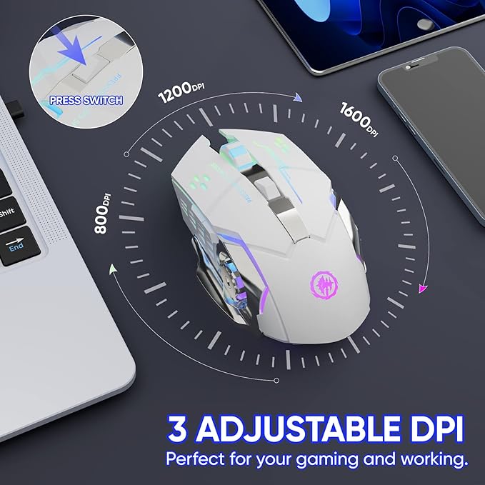 MELOGAGA Wireless Gaming Mouse Bluetooth Mouse RGB Rechargeable 2.4G USB Cordless Computer Mice with 7 Color Backlit, 6 Buttons & Silent Click for Laptop, iPad, Mac OS, PC, Windows -White
