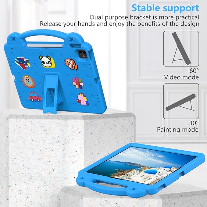 Kids Case for iPad Air 13 inch M3 2025/M2 2024,iPad Pro 13 inch M4 2024 & iPad Pro 12.9 inch Case 6th/5th/4th/3rd Gen 2022 2021 2020 2018 with Stand/Pencil Holder/Handle, Sky Blue Bear