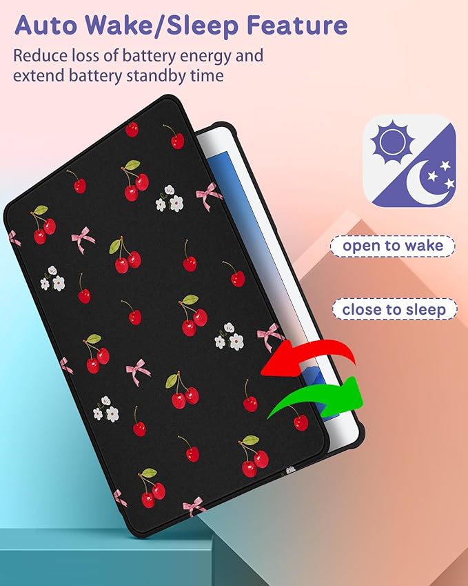 Uppuppy for iPad 5th/6th Generation Case for iPad Air 1st/Air 2nd/Pro 9.7 inch 2016 Case - 360 Rotating Stand Folio Smart Cover with Pencil Holder for Women Girl, Cherry Bow Flowers for Apple Tablet
