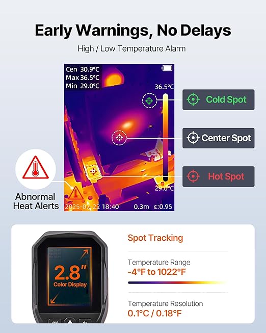VEVOR Thermal Camera, 320 x 240 TISR Super Resolution, Thermal Imaging Camera with 2MP Visual Camera, 160 x 120 IR Resolution, 25 HZ Refresh Rate, -4°F to 1022°F, 4 Image Modes & 6 Color Palettes