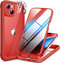 Miracase Glass Series Designed for iPhone 14 Case 6.1 inch, 2023 Upgrade Full-Body Clear Bumper Case with Built-in 9H Tempered Glass Screen Protector and Camera Lens Protector,Red