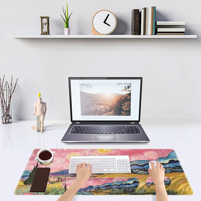 DINKY Desk Pad and Keyboard Wrist Rest, Large Mouse Pad +Keyboard Pad +Mouse Wrist Support +Coaster, 35.4 x 15.7 Inches Non-Slip Desk Mat for Office, Home, Pink Starry Sky Field