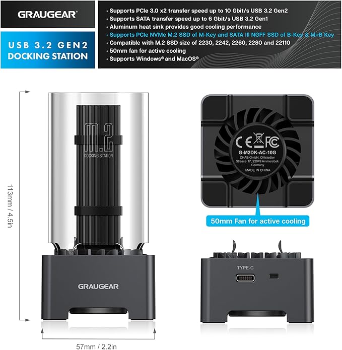 GRAUGEAR M.2 NVMe SATA PCIe SSD Enclosure Adapter Docking Station with Cooling Fan, USB3.2 Gen2 10Gbps M.2 SSD External Case USB C, Support UASP and Trim, M2 NVMe NGFF M Key B+M Key, RTL9210B Chipset