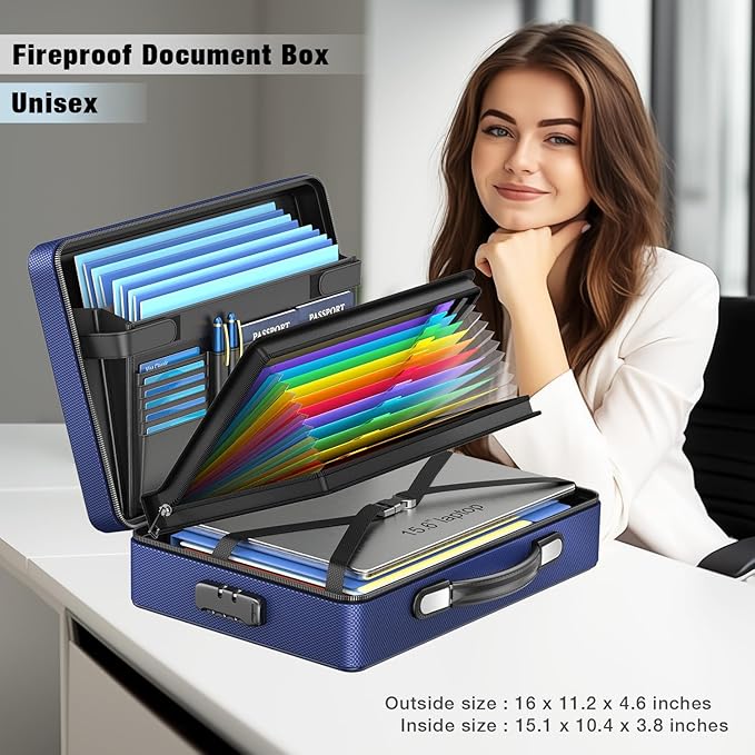 Fireproof Document Box with Fireproof Zipper, Hard Inner Shell Fireproof Document Bag with Lock, Fireproof Water Resistant Important Document Organizer 16 inch Laptop File Briefcase (Blue)