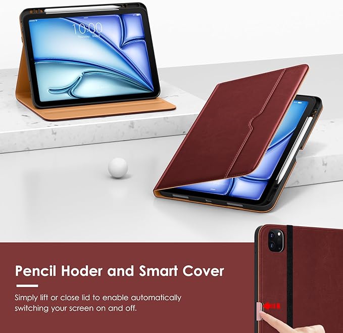 VIKESI Case for iPad Air 13 inch (M4) 2026 / (M3) 2025 / (M2) 2024,Premium Leather Folio,Apple Pencil Holder,Auto Sleep/Wake,Stand Cover - Burgundy Red