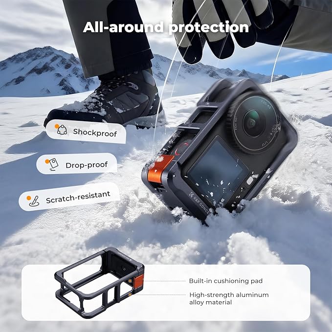 K&F CONCEPT Ultra Lightweight Cage for DJI Osmo Action 6 Camera Accessories, Aluminum Alloy Camera Cage with Wrist Strap, Cold Shoe Mount Expansion Protective Frame 1/4" Screw Interface for Tripod