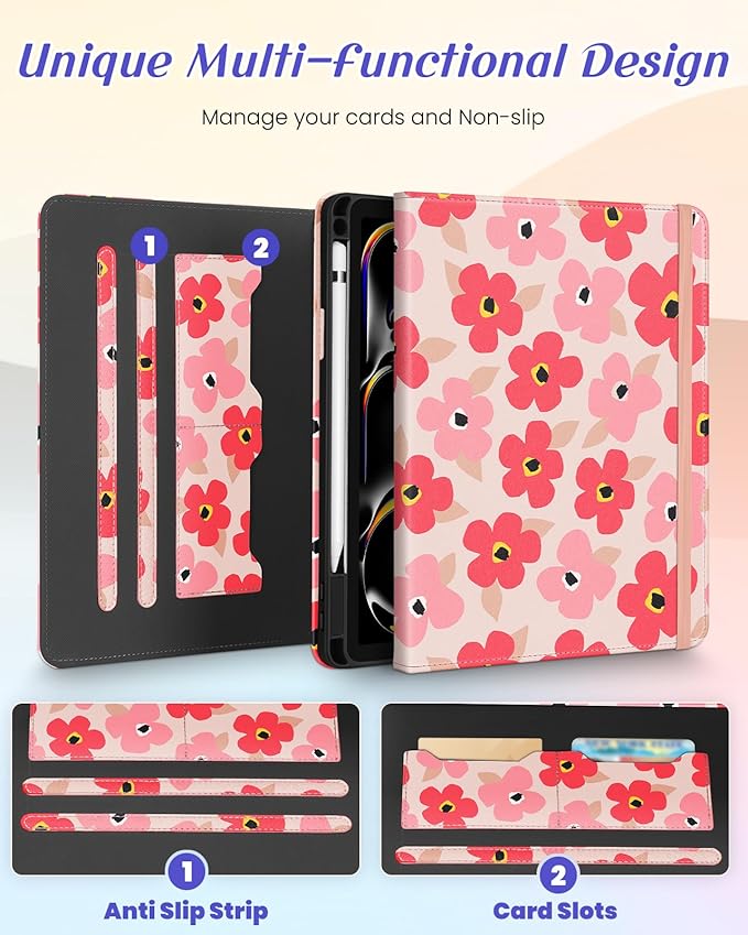 Kidcube for iPad Pro 11 Inch Case M4 2024 5th Generation - Women Girls Cute Rotating Stand Folio Cover with Pencil Holder & Card Slot Kawaii Floral Flower Design for iPad Pro 11'' Case 2024 M4 5th Gen
