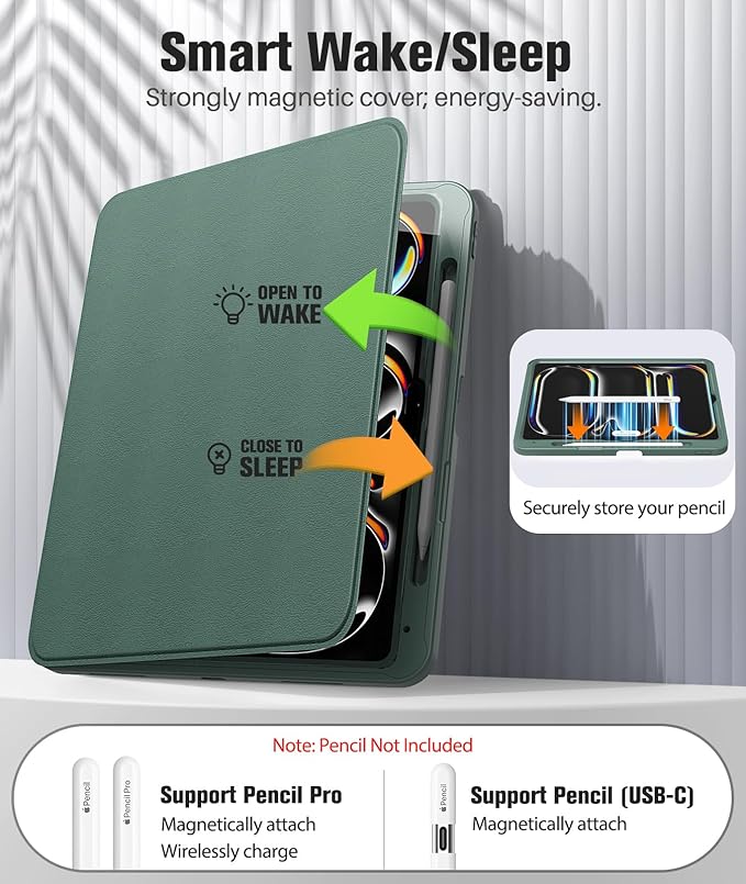 MoKo for iPad Pro 13 Inch Case (M5/M4) 2025/2024 with Pencil Holder, [Built-in Screen Protector], iPad Pro 13 M5/M4 Case with Clear Back & Magnetic Multi Angle Stand Cover, Midnight Green
