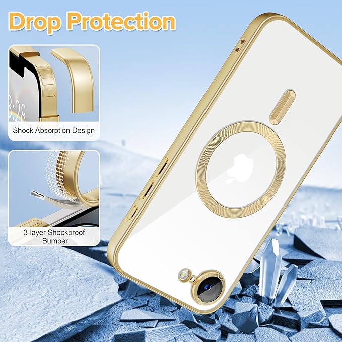 Hython Magnetic Clear for iPhone 16e Case with Camera Lens Protector [Compatible with MagSafe] Luxury Plating Edge Slim Soft TPU Cover Protective Phone Case for iPhone 16e 6.1", Matte Gold