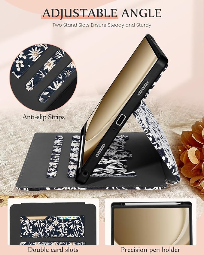 Uppuppy for Samsung Galaxy Tab A9 Plus Case 11'' - for Women Girls Cute Embroidered Folio Stand Cover with Pencil Holder & Card Slot Girly Kawaii Flowers Design Aesthetic Cases for Samsung Tab A9 Plus