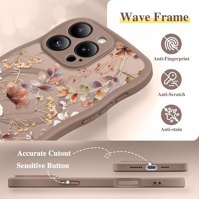 GVIEWIN for iPhone 16 Pro Max Case Compatible with MagSafe [Curly Wave Edge][Full Camera Protection] Floral Translucent Shockproof Magnetic Women Phone Case for 16 Pro Max, Corn Poppy/Brown