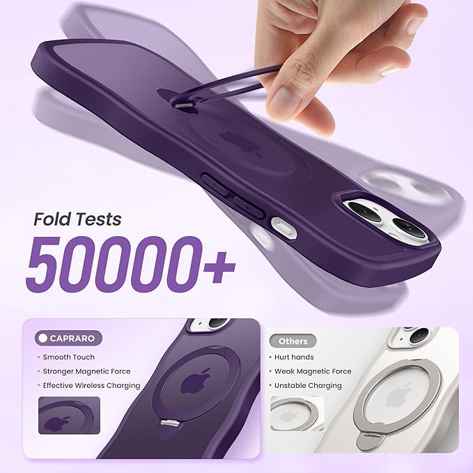 CAPRARO for iPhone 13 Case & iPhone 14 Case with 360° Spin Magnetic Stand for Women, [Compatible with MagSafe] [Camera Protection] Cute Wave Translucent Matte Case for iPhone 13/14, Deep Purple