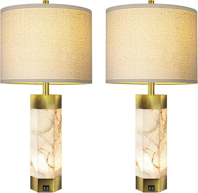 Natural Alabaster Table Lamps Set of 2,Table Lamp with Night Light for Living Room,Nightstand Lamp with USB Ports,Bedside Lamp with Linen Fabric Shade for Bedroom,Living Room,Office,Bar(Bulb Included)