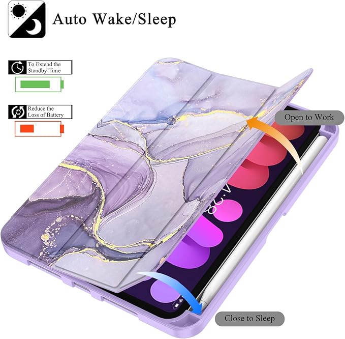 Soke Case for iPad mini 7(A17 Pro) 2024/iPad Mini 6 2021 8.3 inch with Pencil Holder-[Pencil Charging + Auto Wake/Sleep], Soft TPU Back Cover for iPad mini 7th/6th Generation(Lilac Marble)