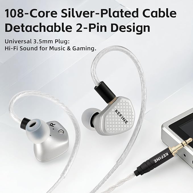 Klean SV in Ear Monitor, 10mm Full-DLC Diaphragm Dynamic Driver IEM, 3 Interchangeable Tuning Nozzles, HiFi Wired Earbuds, Detachable Cable for Audiophile, Musician & Gaming (Silver, 3.5mm)