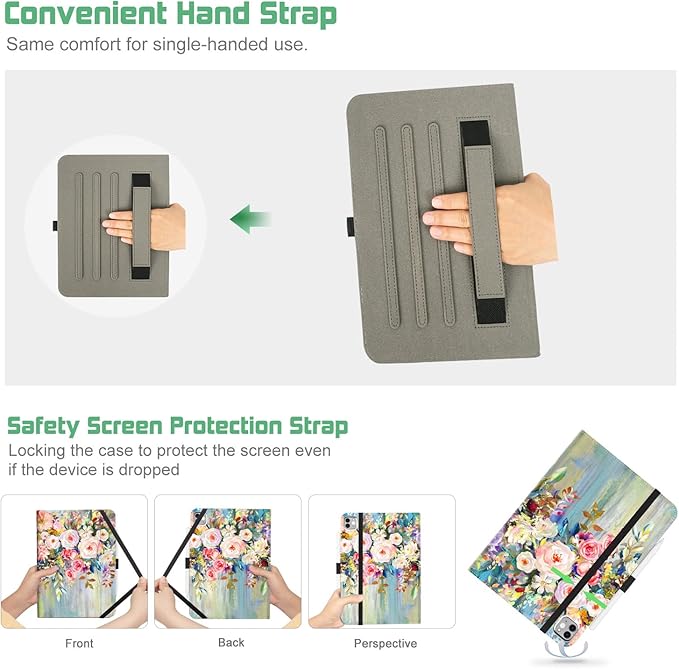 for iPad Air 11 Inch Case M4/M3/M2 2026/2025/2024, Flower for iPad Pro 11 Inch Case 4Th/3Rd/2Nd/1St Generation, for iPad Air 5Th/4Th Gen Cases 10.9 Inch Pencil Holder/Pocket/Hand Strap, Floral