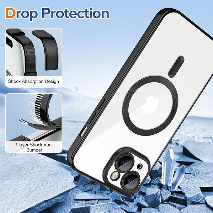Hython Magnetic Clear for iPhone 15 Case with Camera Lens Protector [Compatible with MagSafe] Luxury Plating Edge Slim Soft TPU Cover Protective Phone Case for iPhone 15 6.1", Matte Black