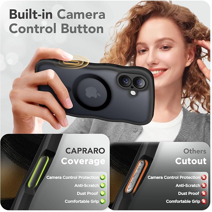 CAPRARO for iPhone 16 Case for Women Girls, Upgraded [Full Camera Protection] [Compatible with MagSafe] Cute Wave Translucent Matte Phone Case for iPhone 16, Black