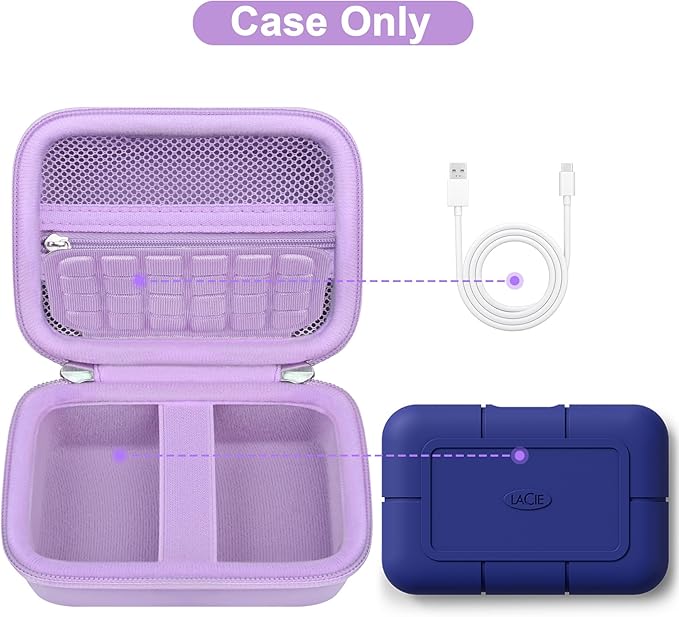 Canboc Carrying Case for LaCie Rugged SSD Pro5 2TB 4TB External Solid State Drive, Zipper Mesh Pocket fit Cable, Purple (Case Only)