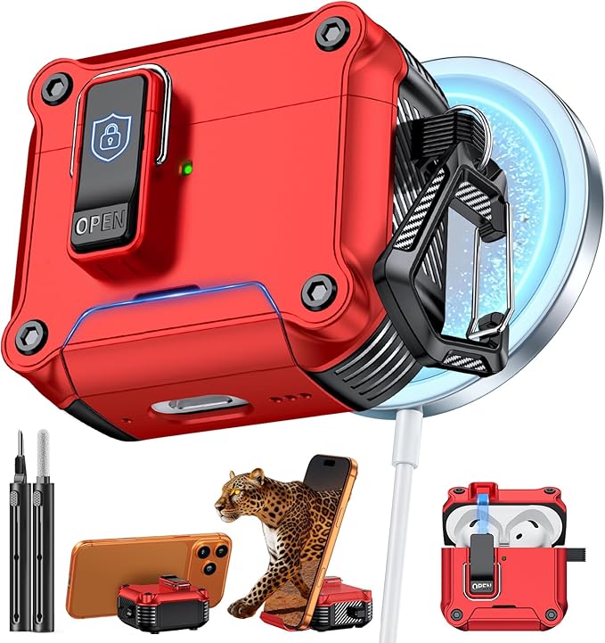 Inesore Compatible with AirPods 4 Generation Case,Secure Lock & Phone Stand Design,Compatible with MagSafe,Automatic Snap Switch Secure Cover for New AirPods 4th (2024)-Red