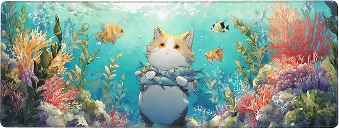 Cat Fish Mouse Pad Extended Large Gaming Mouse Pad XL Stitched Edges for Gamer Home Office 31.5 X 11.8 Inch