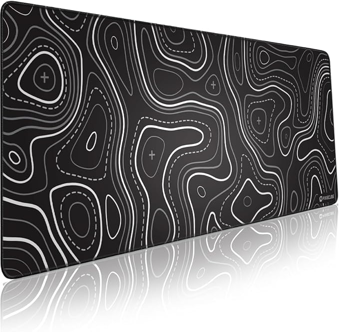 Pixiecube Minimalist Topographic Map Mouse Pad - Contour Extended Large Stitch Edge Mousepad. Black & White Non-Slip XXL Gaming Desk Mat
