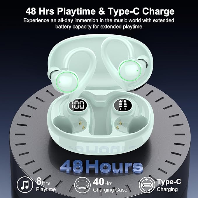 PEFUPEW Wireless Earbuds, Bluetooth 5.4 Headphones Sport, Over Ear Buds with ENC Noise Cancelling Mic, 48H, Wireless Earphone with Earhooks, IP7 Waterproof Buds for Workout Running, Light Blue