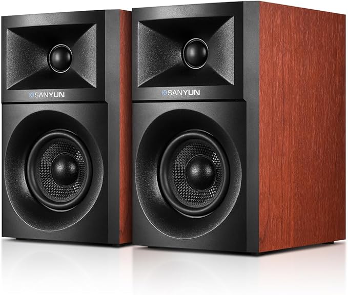 Sanyun SW203 2.0 Desktop Computer Speakers - Near-Field 3D Stereo with Vertical Imaging - 60W Triple-DSP Dual Independent Drive - 24bit USB-C DAC Bluetooth 5.4 AUX, HiFi PC Gaming (Pair, Cherry)