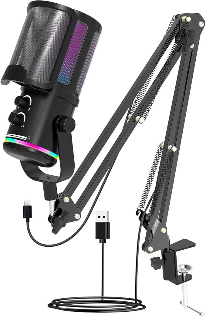 M16 USB Microphone with Boom Arm - PC Mic for Streaming, Podcasting, Vocal Recording Singing YouTube RGB Condenser Kit with Noise Cancellation, Monitor Mix Knob, Mute & Pop Filter Black