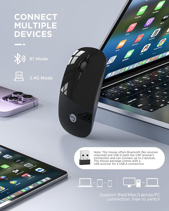RAPIQUE Bluetooth Wireless Mouse - (BT5.1+USB) Slim Dual Mode Computer Mice with Quiet Click, Low Power, and 1600 DPI, Portable Mouse for MacBook, Laptop, iPad Pro/Air, Surface Pro (Black)