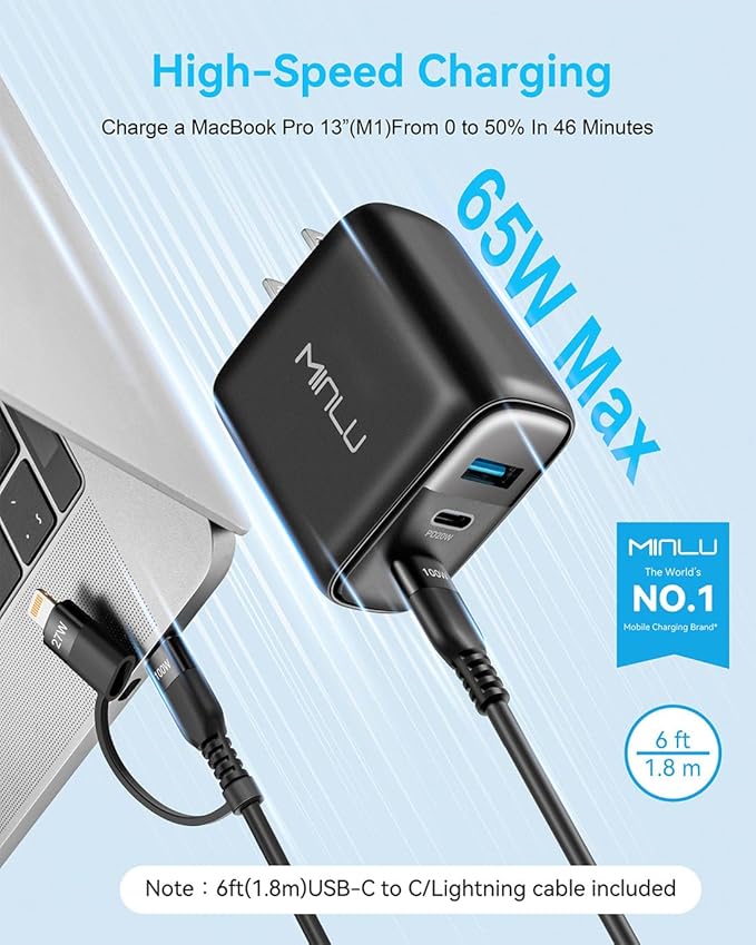 MINLU 65W USB C Charger Block,GaN 3-Port Compact Fast PPS Type C Wall Charger with 6Ft 100W 2 in 1 USB-C/L Cable,Fast Charging for MacBook Pro/Air,iPad,iPhone 17/16/15 and More Series,Galaxy S24 UItra