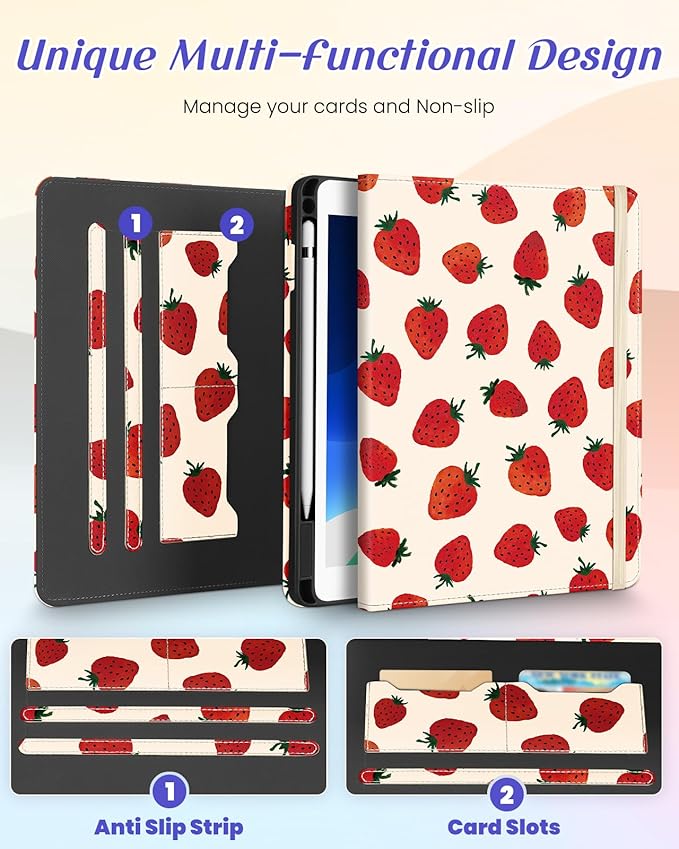Kidcube for iPad Air 3rd Generation Case/Pro 10.5 Inch Case - Women Girls Kids Cute Rotating Stand Folio Cover with Pencil Holder & Card Slot Pretty Strawberry Design Cover for iPad Pro 10.5''/Air 3rd