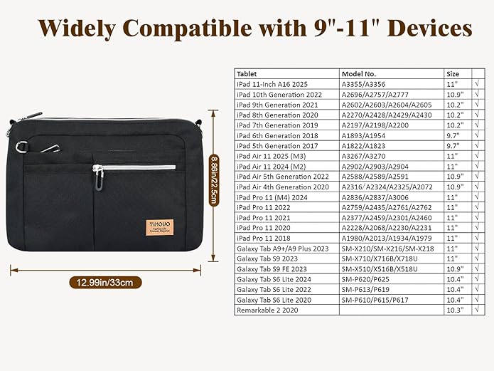 TiMOVO 9-11 Inch Tablet Sleeve Bag for iPad 11-inch A16 2025, Galaxy Tab A9 Plus 11", Anti-Theft Deisgn & Shoulder Strap