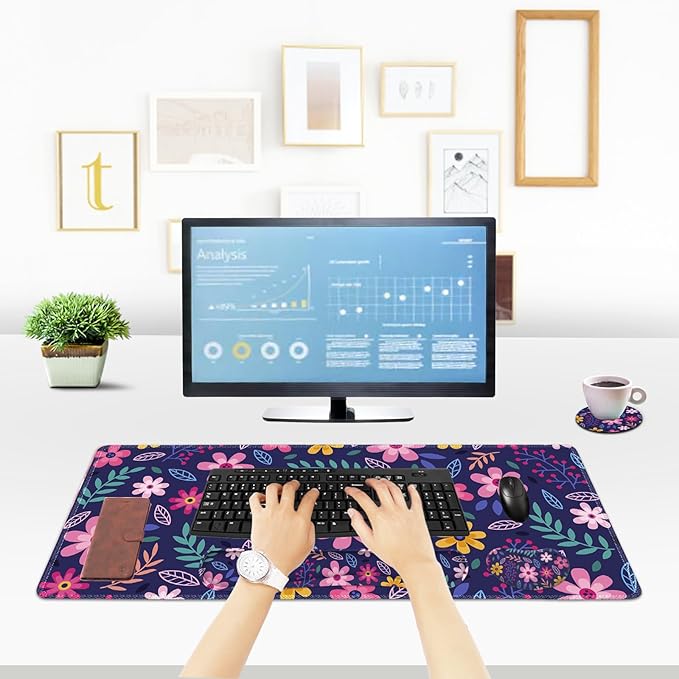 ToLuLu Extended Gaming Mouse Pad, Memory Foam Ergonomic Keyboard Mouse Wrist Rest Support Set, Large Desk Mat with Stitched Edges, Non-Slip Base Mousepad for Home Office Game Study, Purple Flowers