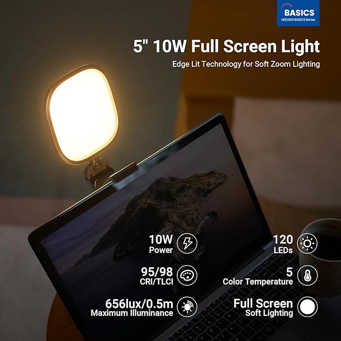NEEWER BASICS 5" Monitor Light with Stand, Zoom Lighting for Video Conference, 10W Bi Color Edge Lit CRI95 USB LED Panel Ring Light for Desk Computer Laptop Webcam Video Call Streaming Recording, NL10