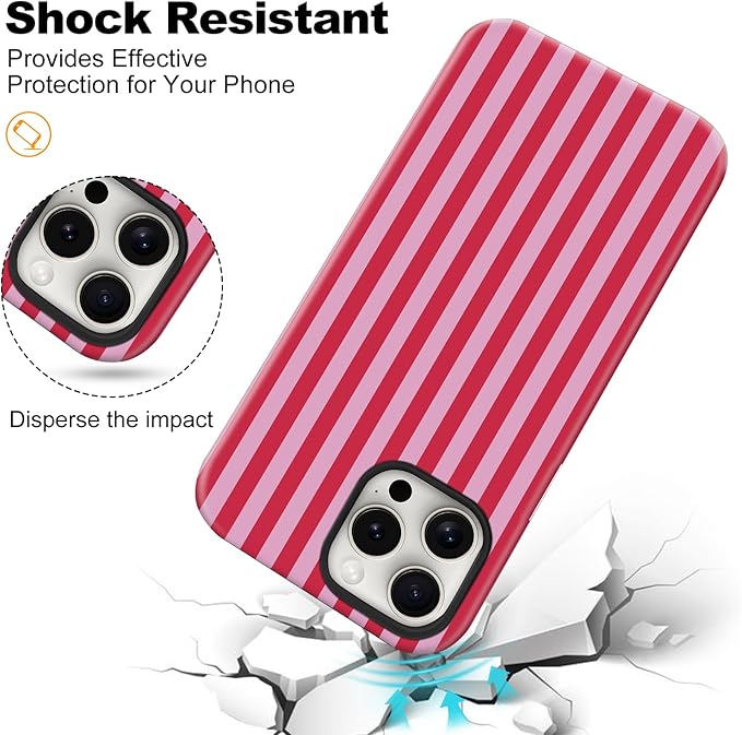 Magnetic for iPhone 15 Pro Case Cute Stripes Phone Case, Shockproof Slim TPU and Hard PC Protective Phone Cover Compatible with MagSafe Designed for Women Girls, Red and Pink