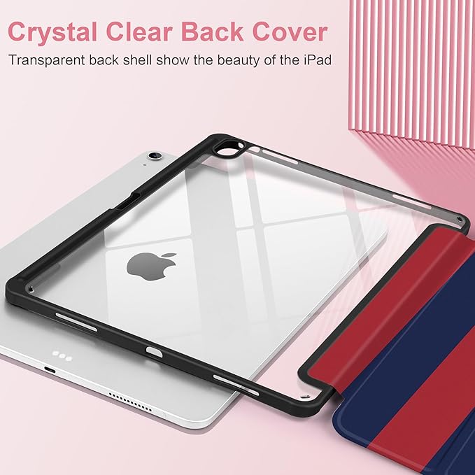 Case for iPad Air 13 inch M4 2026 M3 2025 M2 2024 Release with Pencil Holder Clear Back Shell Lightweight Shockproof TPU Edge Trifold Stand Auto Wake Sleep Cute Cover, Red Blue Stripes