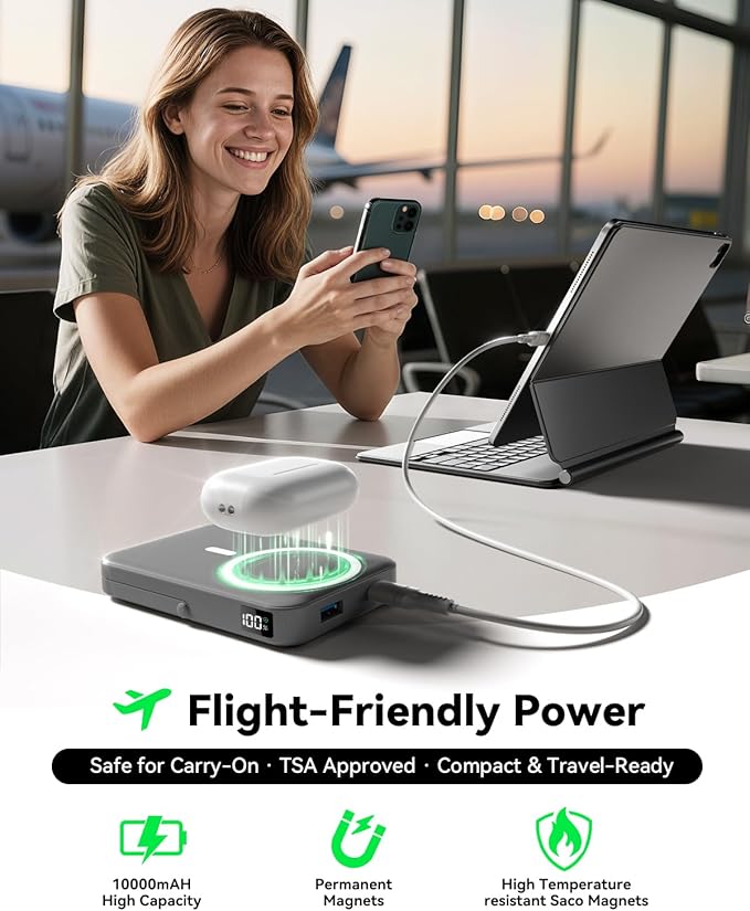 Magnetic Power Bank 10000mAh with for MagSafe Charging,PD 22.5W Fast Charge,Foldable Stand,Dual USB Output,LED Display (Space Gray)