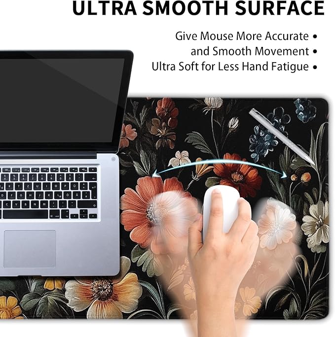 Floral Mouse Mat Vintage Aesthetic Flower Plant Black Extended Mouse Pad Large Gaming Mousepad Wildflower Mousepad Laptop Computer Keyboard Mat Cute Desk Mat for Desktop Office Supplies 35.4"x15.7"