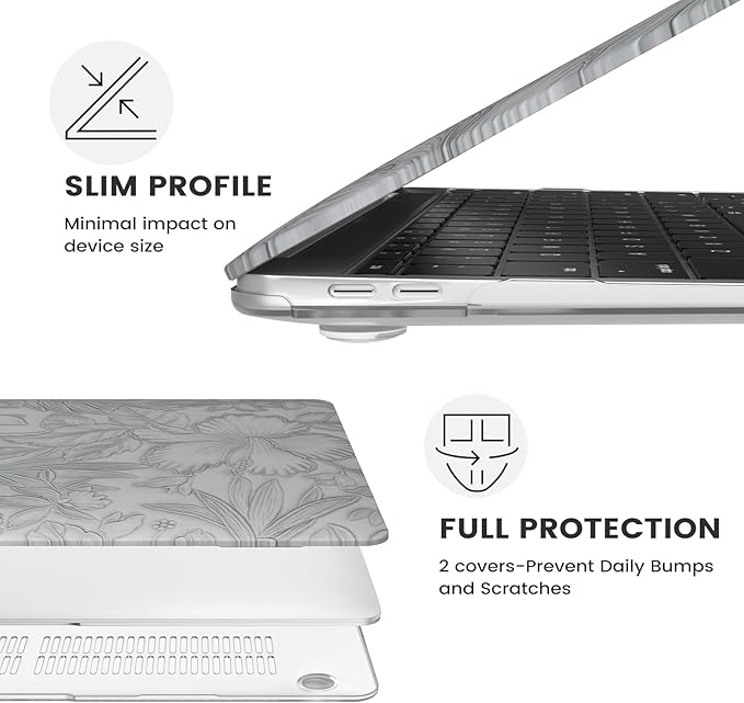 iCasso Compatible with MacBook Air 13 inch Case 2020 2019 2018 Release A1932 A2179 M1 A2337, Texture Leather Plastic Hard Shell Case + Keyboard Cover + Screen Protector, Grey Embossed Floral