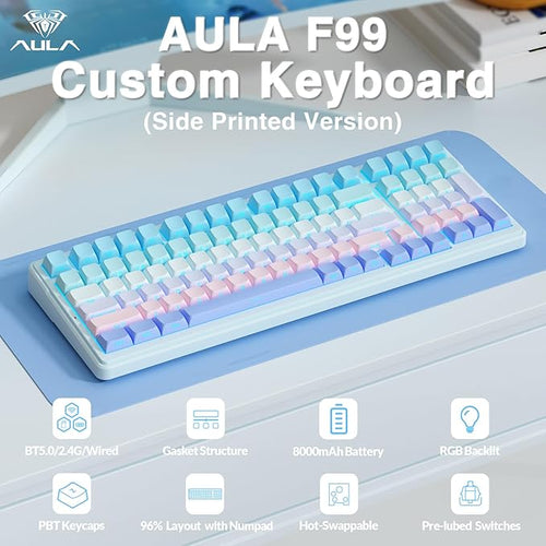 AULA F99 Wireless Mechanical Keyboard,Triple-Mode(BT5.0/2.4GHz/USB-C),Gasket Mounted Creamy Keyboard with Linear Switches, Side Printed PBT Keycaps,RGB Backlit PC Gaming Keyboards for Win/Mac