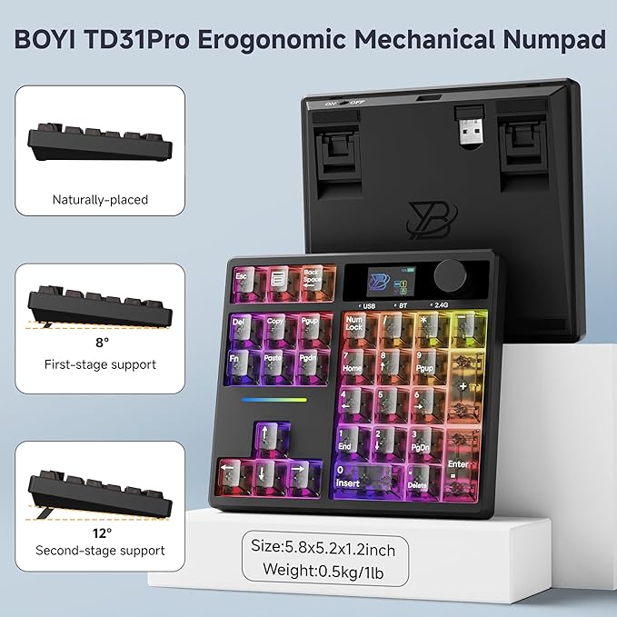 BOYI TD31Pro Gaming Keyboard,Mini Mechanical Numpad,BT5.0/2.4G/Type-C Wireless Numeric Keypad,RGB HotSwap Numpad with Screen&Knob,Gasket Macro Pad Number keypad for Win/Mac(Black Transparent)